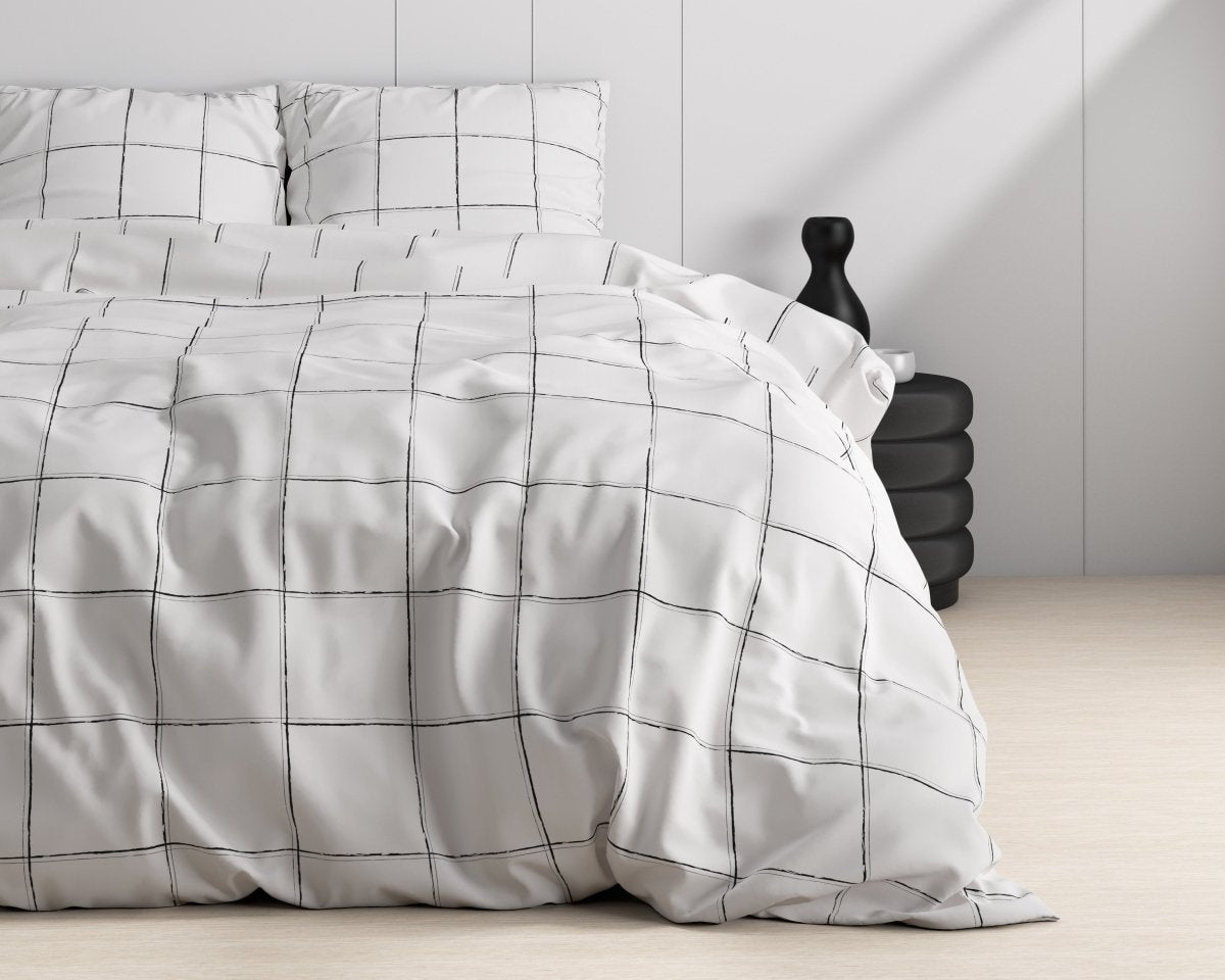 100% Cotton Sateen Duvet Cover Set Deep Check | White | Single - 140cm (W) x 220cm (L) - The Bedding & Blankets Store