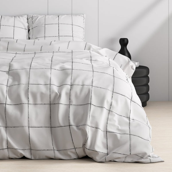 100% Cotton Sateen Duvet Cover Set Deep Check | White | Single - 140cm (W) x 220cm (L) - The Bedding & Blankets Store