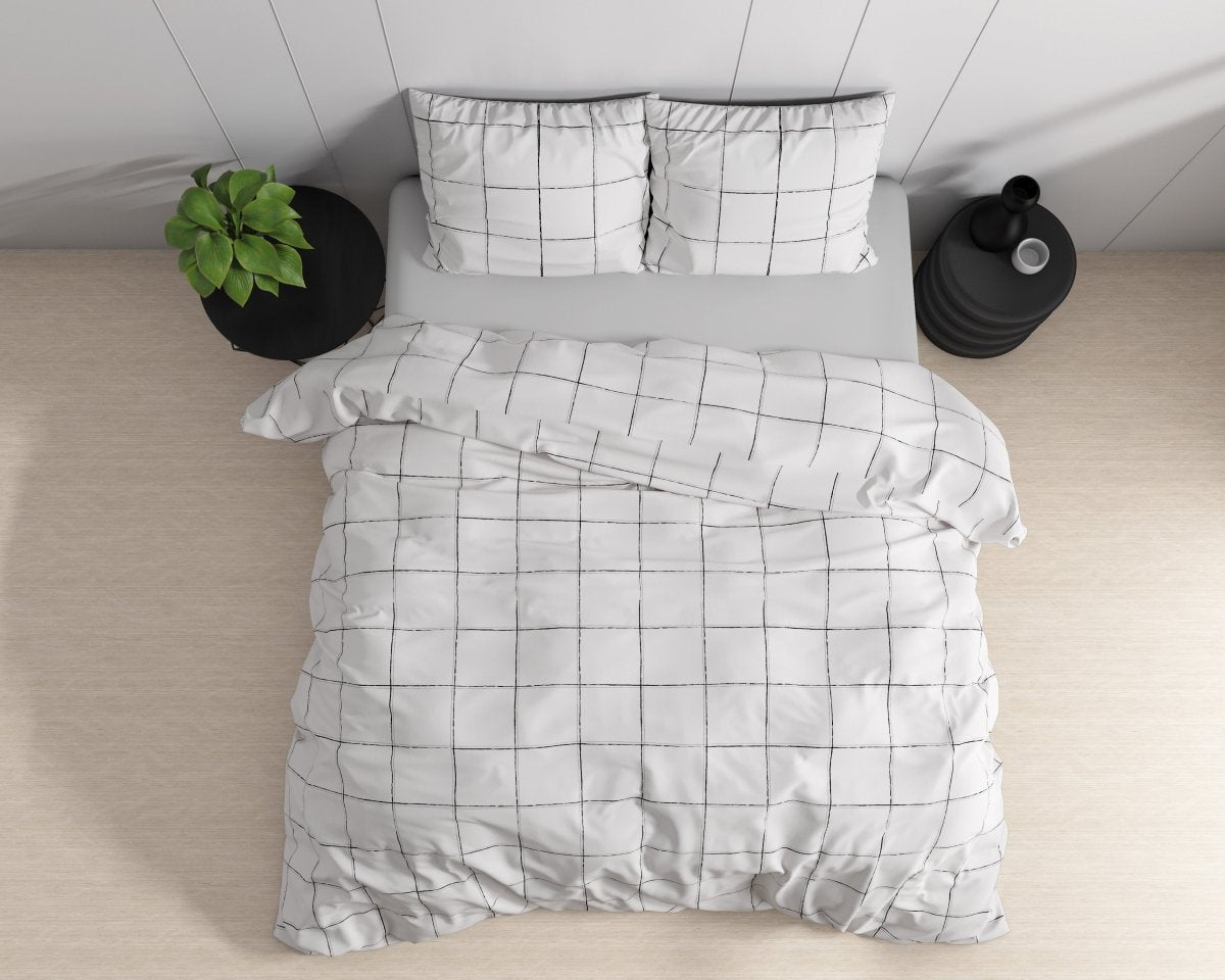 100% Cotton Sateen Duvet Cover Set Deep Check | White | Single - 140cm (W) x 220cm (L) - The Bedding & Blankets Store