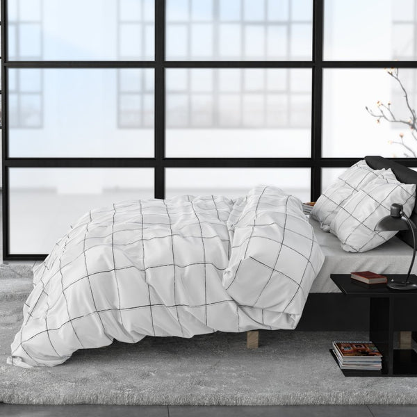 100% Cotton Sateen Duvet Cover Set Deep Check | White | Single - 140cm (W) x 220cm (L) - The Bedding & Blankets Store