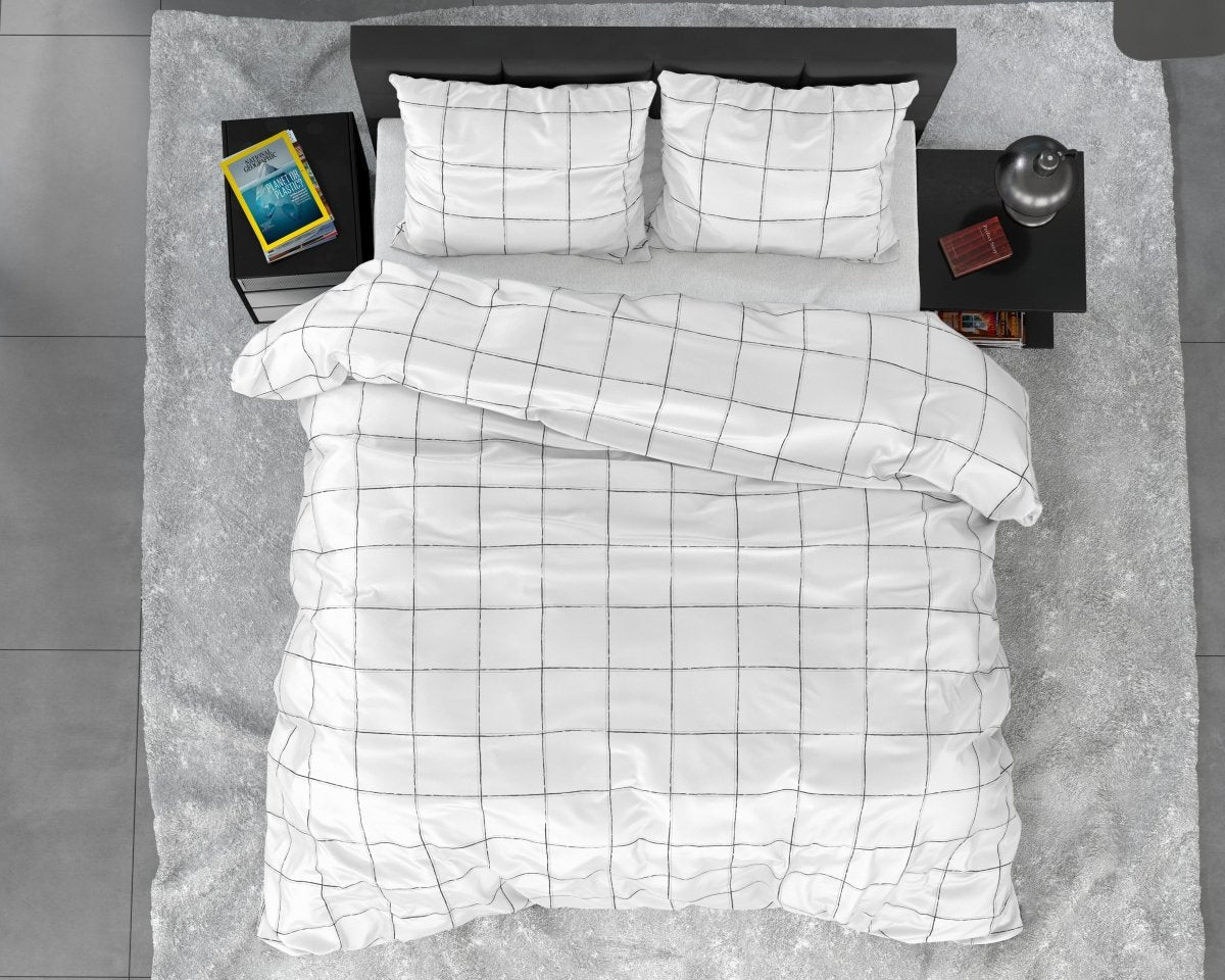 100% Cotton Sateen Duvet Cover Set Deep Check | White | Single - 140cm (W) x 220cm (L) - The Bedding & Blankets Store