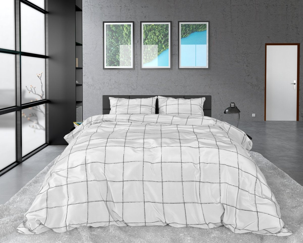 100% Cotton Sateen Duvet Cover Set Deep Check | White | Single - 140cm (W) x 220cm (L) - The Bedding & Blankets Store