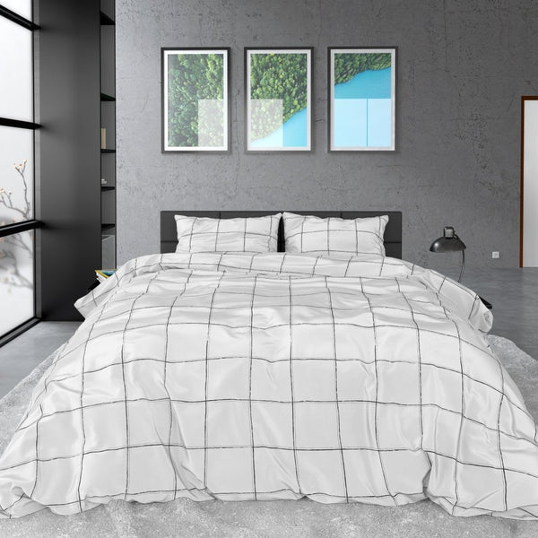 100% Cotton Sateen Duvet Cover Set Deep Check | White | Single - 140cm (W) x 220cm (L) - The Bedding & Blankets Store