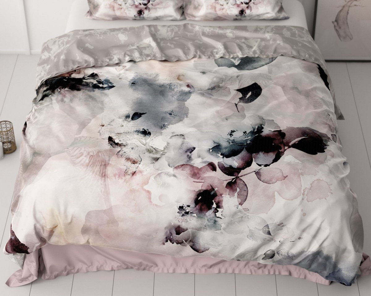 100% Cotton Sateen Duvet Cover Set Floral | Grey | Single - 140cm (W) x 220cm (L) - The Bedding & Blankets Store