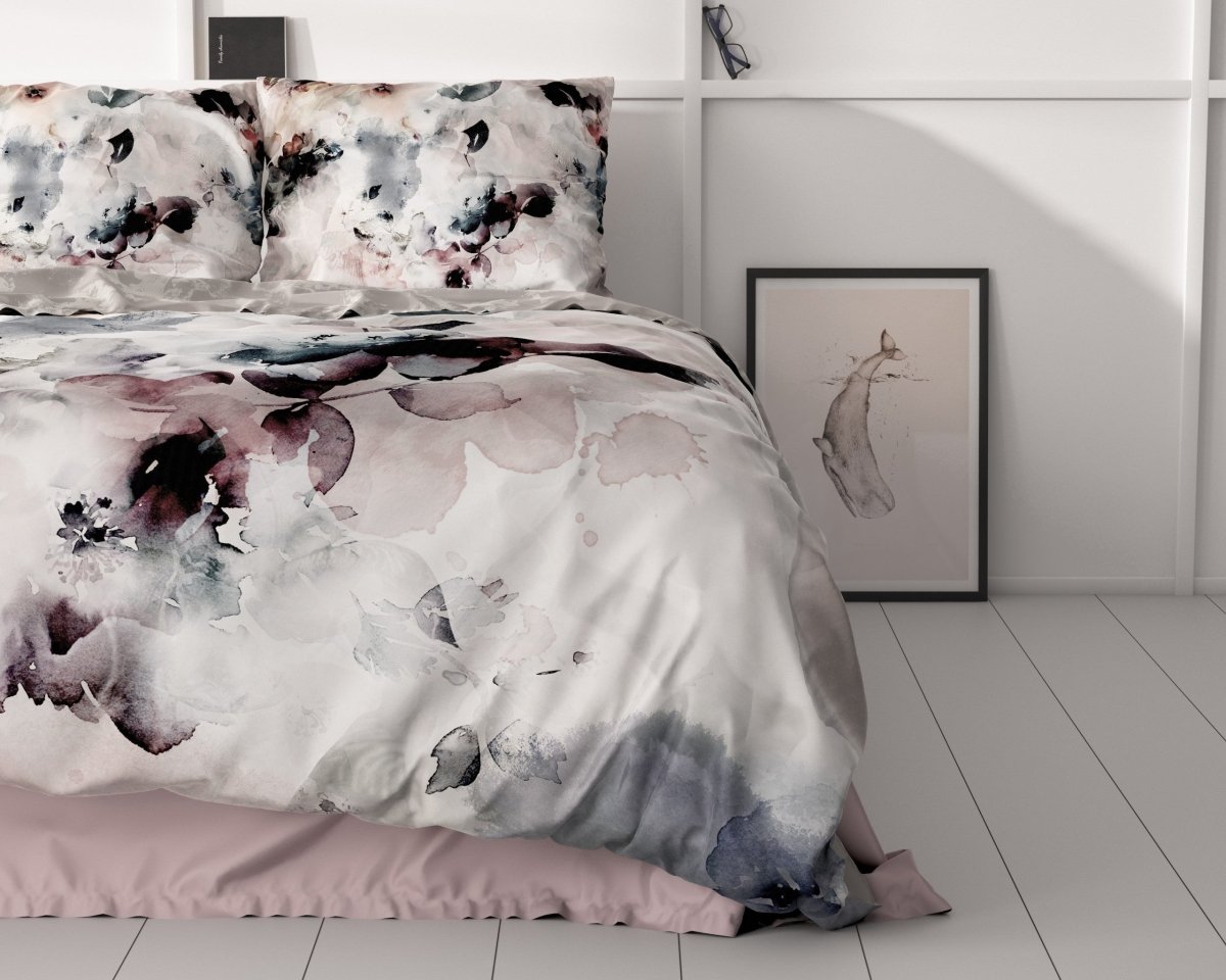 100% Cotton Sateen Duvet Cover Set Floral | Grey | Single - 140cm (W) x 220cm (L) - The Bedding & Blankets Store