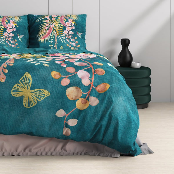 100% Cotton Sateen Duvet Cover Set Kamala | Botanical Green | Single - 140cm (W) x 220cm (L) - The Bedding & Blankets Store