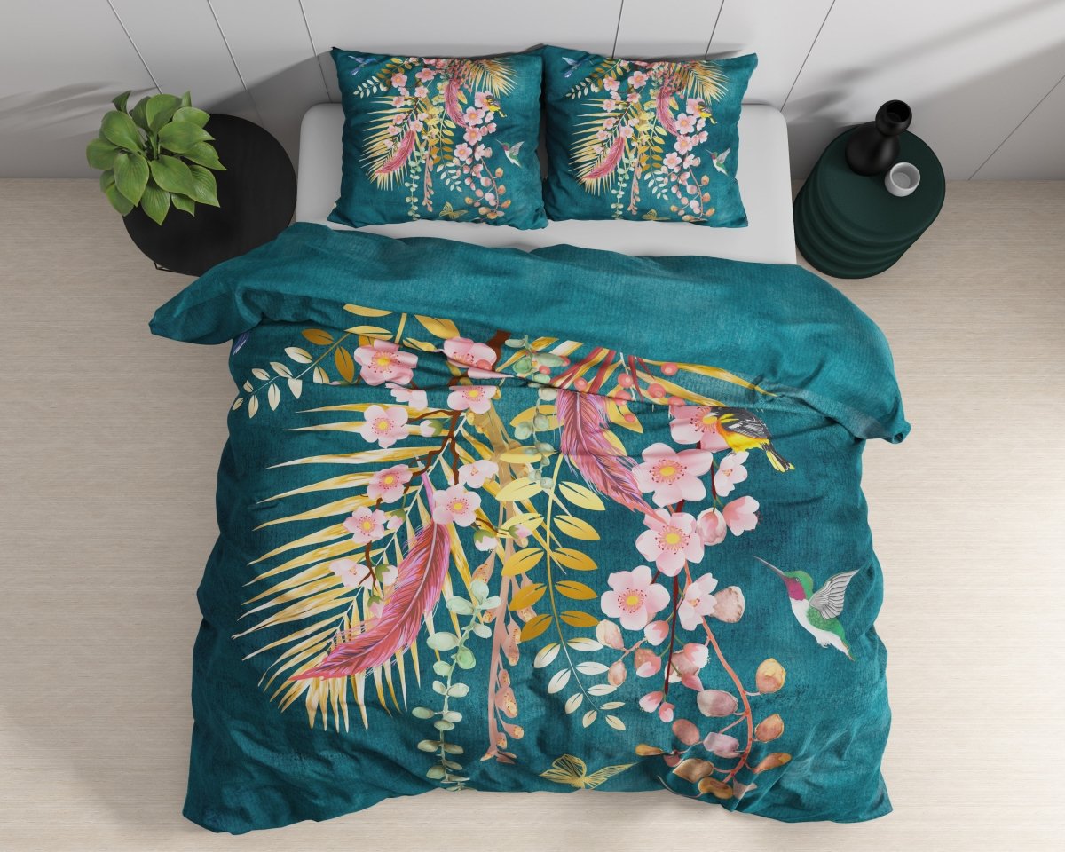100% Cotton Sateen Duvet Cover Set Kamala | Botanical Green | Single - 140cm (W) x 220cm (L) - The Bedding & Blankets Store