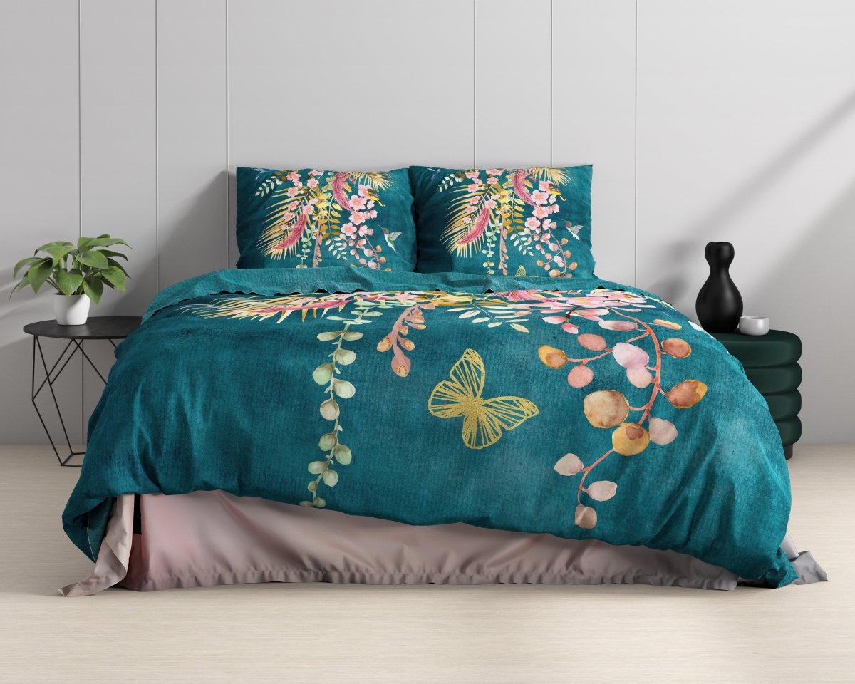 100% Cotton Sateen Duvet Cover Set Kamala | Botanical Green | Single - 140cm (W) x 220cm (L) - The Bedding & Blankets Store