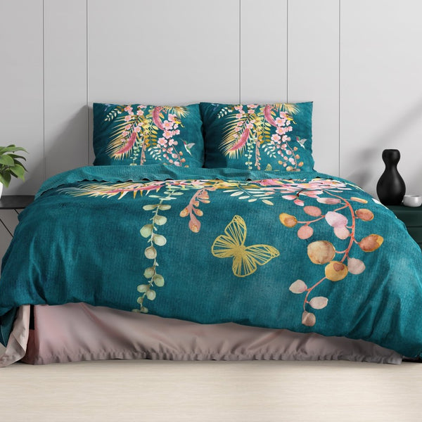 100% Cotton Sateen Duvet Cover Set Kamala | Botanical Green | Single - 140cm (W) x 220cm (L) - The Bedding & Blankets Store