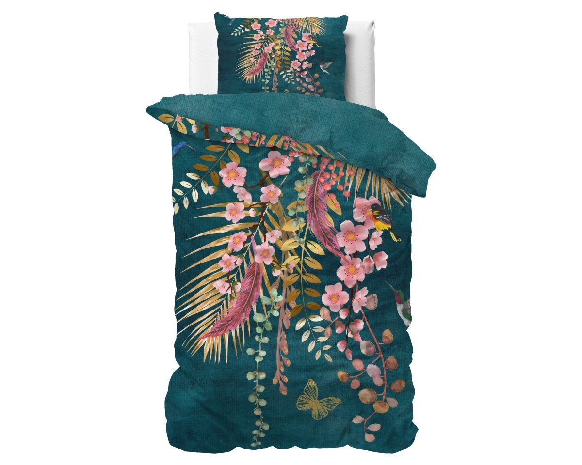 100% Cotton Sateen Duvet Cover Set Kamala | Botanical Green | Single - 140cm (W) x 220cm (L) - The Bedding & Blankets Store