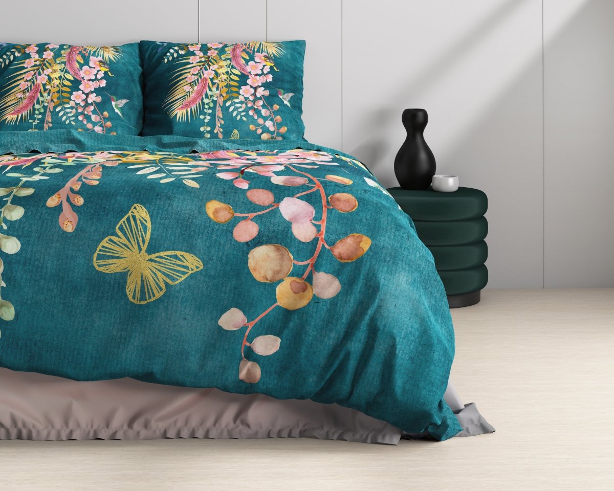 100% Cotton Sateen Duvet Cover Set Kamala | Botanical Green | Single - 140cm (W) x 220cm (L) - The Bedding & Blankets Store