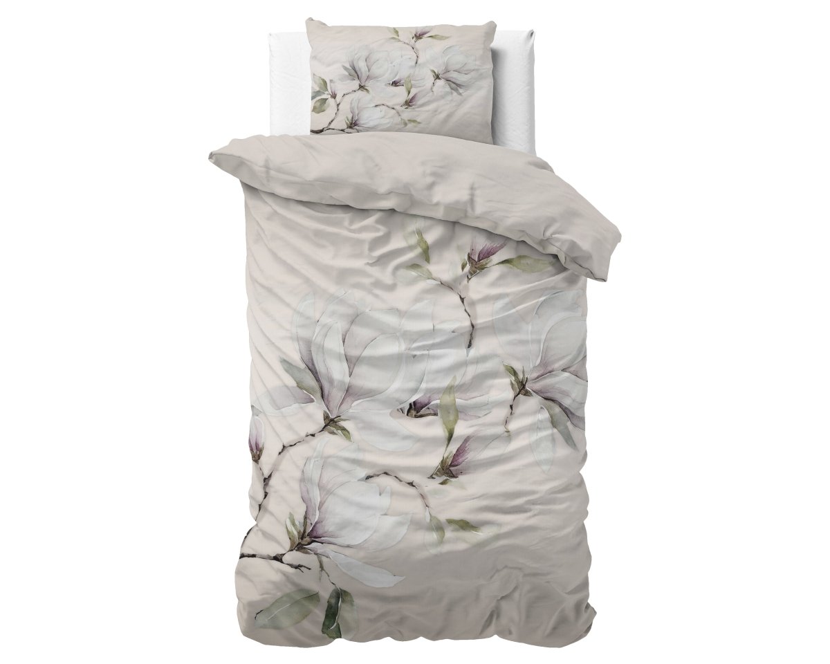 100% Cotton Sateen Duvet Cover Set Magnolo | White | Single - 140cm (W) x 220cm (L) - The Bedding & Blankets Store