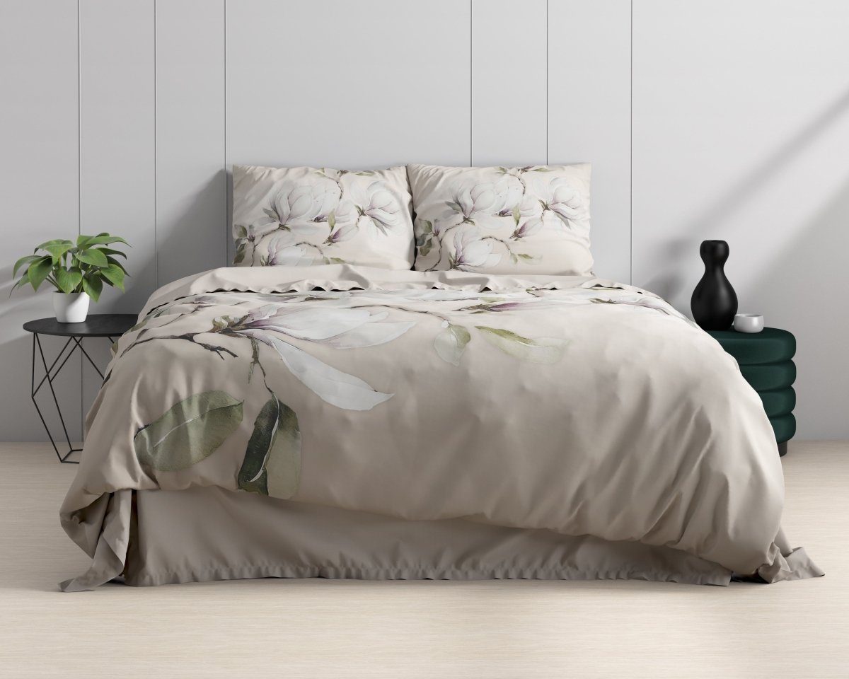 100% Cotton Sateen Duvet Cover Set Magnolo | White | Single - 140cm (W) x 220cm (L) - The Bedding & Blankets Store