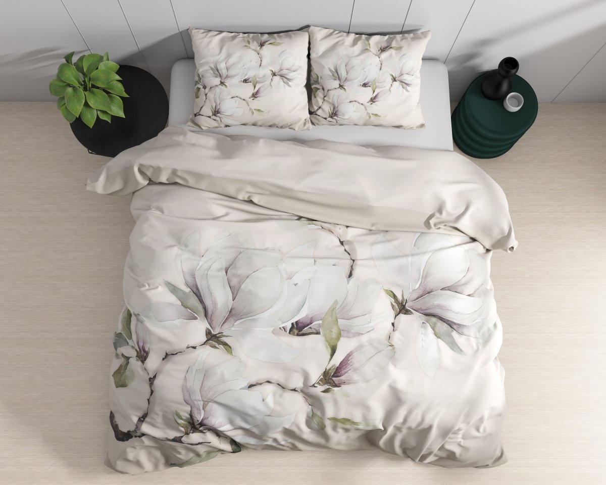 100% Cotton Sateen Duvet Cover Set Magnolo | White | Single - 140cm (W) x 220cm (L) - The Bedding & Blankets Store