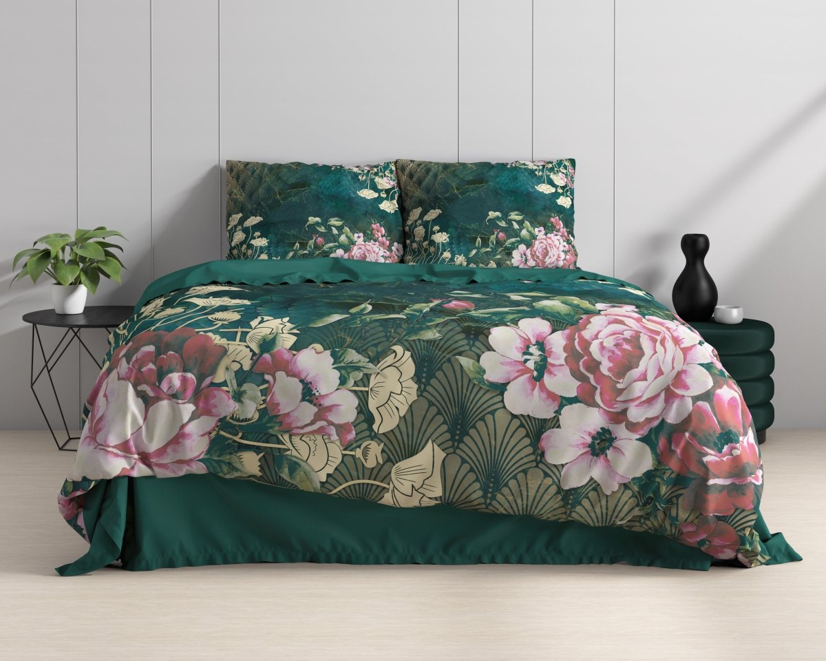 100% Cotton Sateen Duvet Cover Set Noah | Green | Single - 140cm (W) x 220cm (L) - The Bedding & Blankets Store