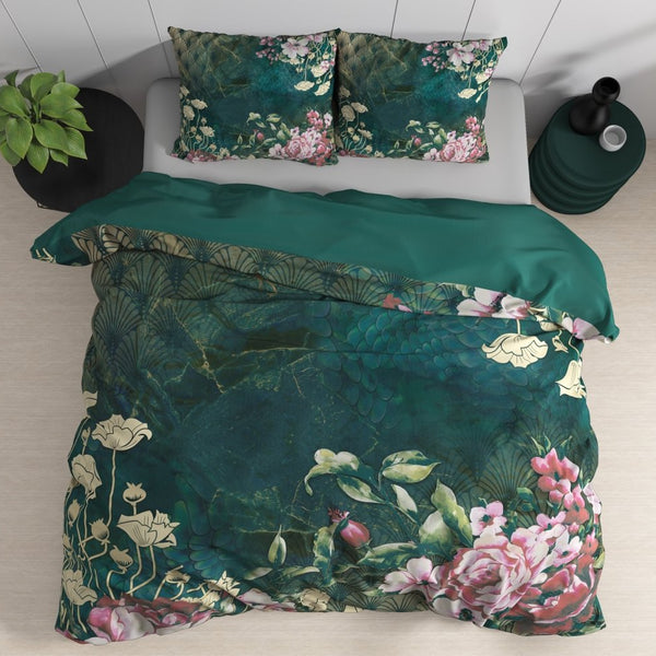 100% Cotton Sateen Duvet Cover Set Noah | Green | Single - 140cm (W) x 220cm (L) - The Bedding & Blankets Store