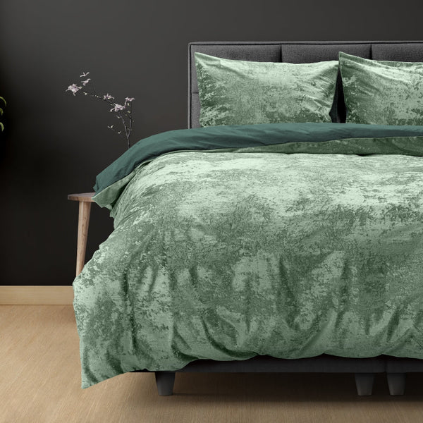 Crushed Velvet & Cotton Duvet Cover Set Crushed | Dark Green/Bottle Green | Double - 200cm (W) x 220cm (L) - The Bedding & Blankets Store