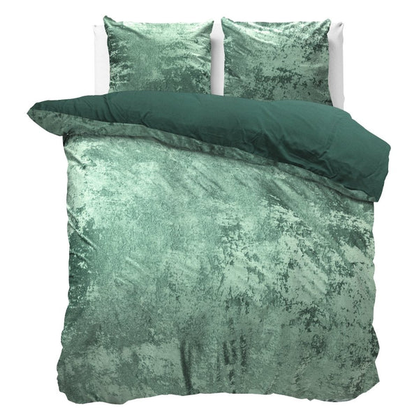 Crushed Velvet & Cotton Duvet Cover Set Crushed | Dark Green/Bottle Green | Double - 200cm (W) x 220cm (L) - The Bedding & Blankets Store