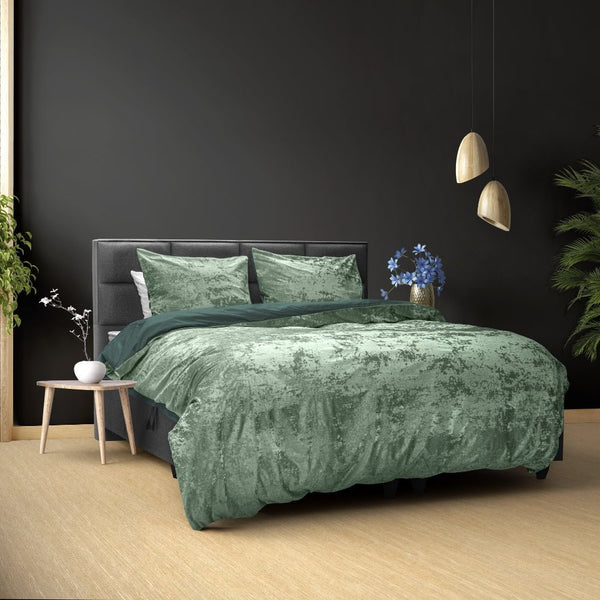 Crushed Velvet & Cotton Duvet Cover Set Crushed | Dark Green/Bottle Green | Double - 200cm (W) x 220cm (L) - The Bedding & Blankets Store