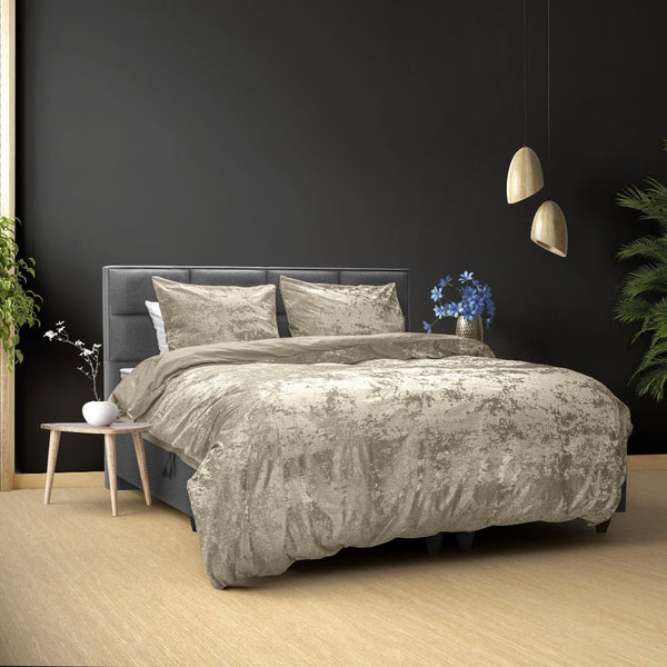 Crushed Velvet & Cotton Duvet Cover Set Crushed | Grey Taupe | Double - 200cm (W) x 220cm (L) - The Bedding & Blankets Store