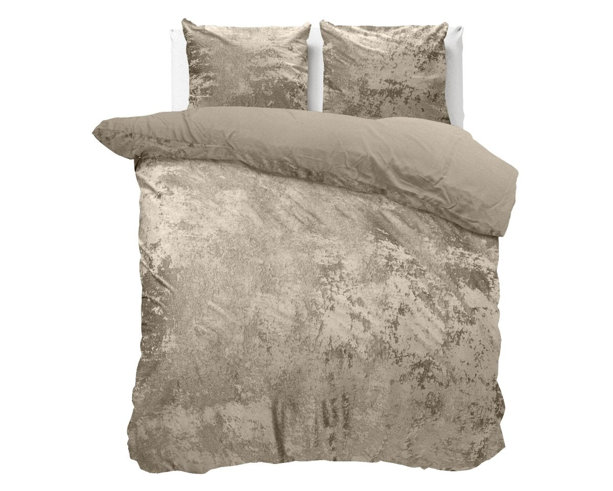 Crushed Velvet & Cotton Duvet Cover Set Crushed | Grey Taupe | Double - 200cm (W) x 220cm (L) - The Bedding & Blankets Store