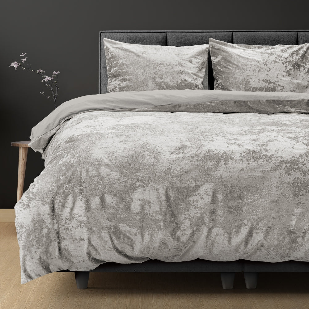 Crushed Velvet & Cotton Duvet Cover Set Crushed | Metallic Silver | Double - 200cm (W) x 220cm (L) - The Bedding & Blankets Store