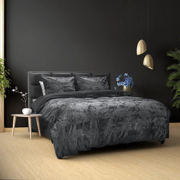Crushed Velvet & Cotton Duvet Cover Set Crushed | Volcanic Anthracite | Double - 200cm (W) x 220cm (L) - The Bedding & Blankets Store