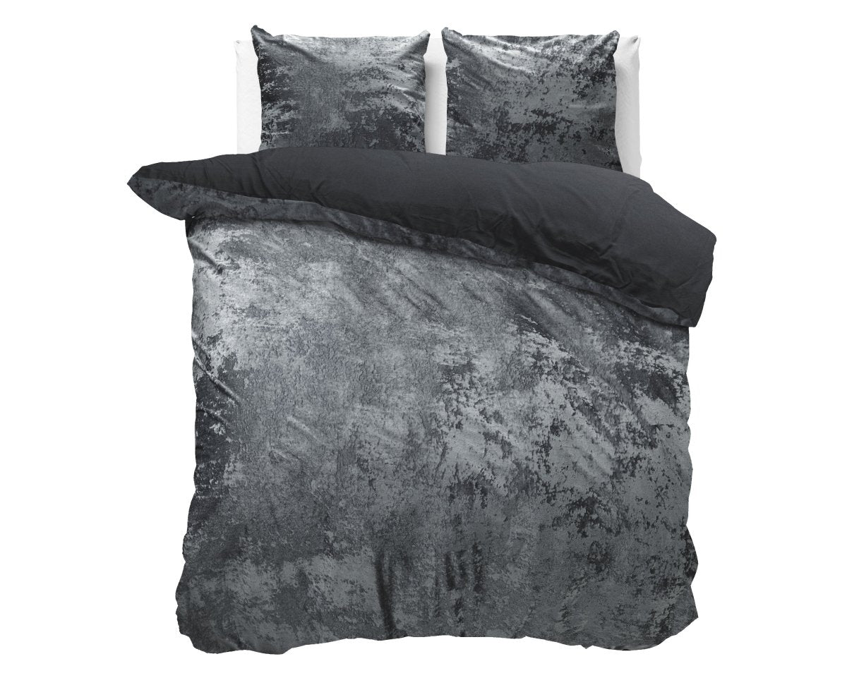 Crushed Velvet & Cotton Duvet Cover Set Crushed | Volcanic Anthracite | Double - 200cm (W) x 220cm (L) - The Bedding & Blankets Store