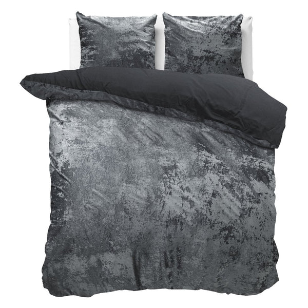 Crushed Velvet & Cotton Duvet Cover Set Crushed | Volcanic Anthracite | Double - 200cm (W) x 220cm (L) - The Bedding & Blankets Store