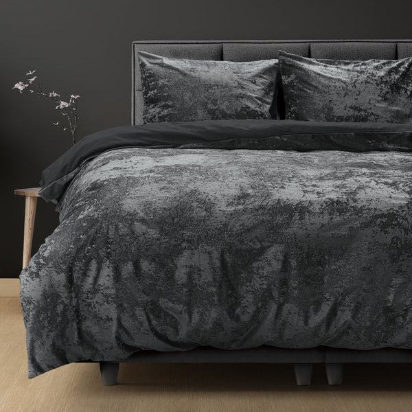 Crushed Velvet & Cotton Duvet Cover Set Crushed | Volcanic Anthracite | Double - 200cm (W) x 220cm (L) - The Bedding & Blankets Store