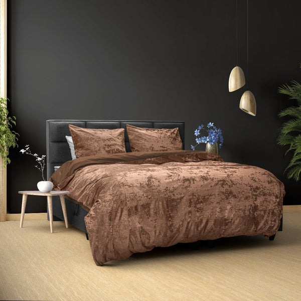 Crushed Velvet & Cotton Duvet Cover Set Crushed Wood | Brown | Double - 200cm (W) x 220cm (L) - The Bedding & Blankets Store