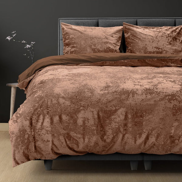 Crushed Velvet & Cotton Duvet Cover Set Crushed Wood | Brown | Double - 200cm (W) x 220cm (L) - The Bedding & Blankets Store