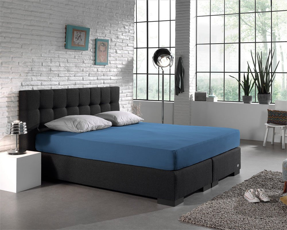 Double Jersey 220 GSM Soft Cotton Fitted Sheet | Blue | Single 80/100 x 220cm (L) x 30cm (D) - The Bedding & Blankets Store