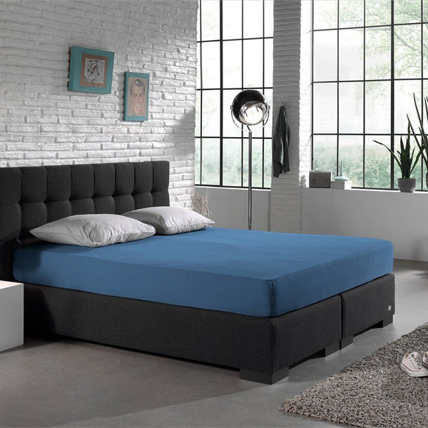 Double Jersey 220 GSM Soft Cotton Fitted Sheet | Blue | Single 80/100 x 220cm (L) x 30cm (D) - The Bedding & Blankets Store