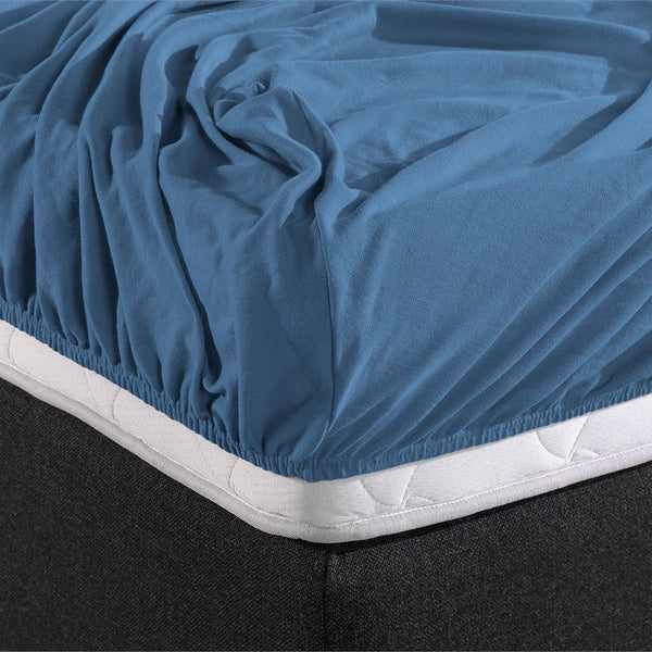 Double Jersey 220 GSM Soft Cotton Fitted Sheet | Blue | Single 80/100 x 220cm (L) x 30cm (D) - The Bedding & Blankets Store