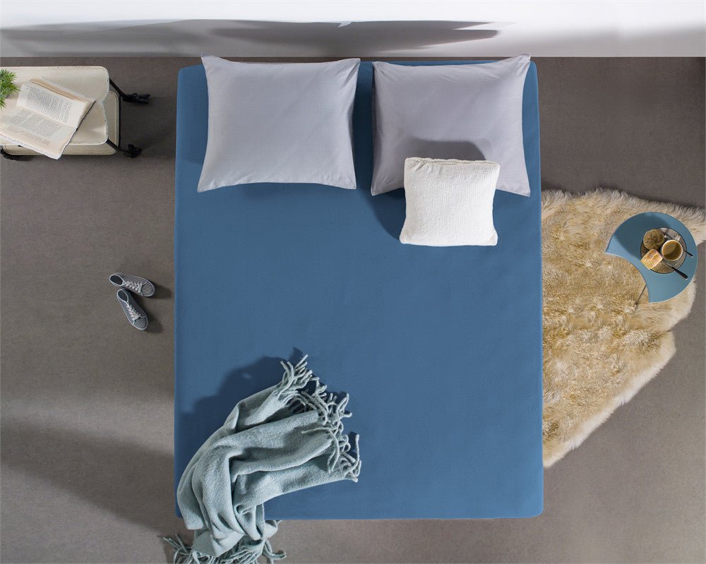 Double Jersey 220 GSM Soft Cotton Fitted Sheet | Blue | Single 80/100 x 220cm (L) x 30cm (D) - The Bedding & Blankets Store