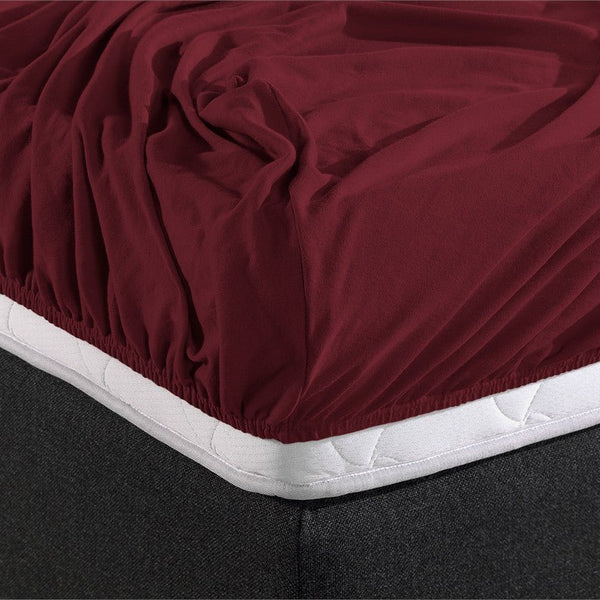 Double Jersey 220 GSM Soft Cotton Fitted Sheet | Bordeaux Red | Queen/King (EU) 160/180 x 200/220cm (L) x 40cm (D) - The Bedding & Blankets Store