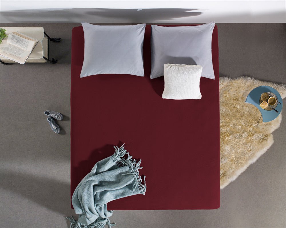 Double Jersey 220 GSM Soft Cotton Fitted Sheet | Bordeaux Red | Queen/King (EU) 160/180 x 200/220cm (L) x 40cm (D) - The Bedding & Blankets Store