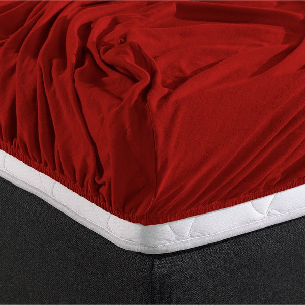 Double Jersey 220 GSM Soft Cotton Fitted Sheet | Red | Single 80/100 x 220cm (L) x 40cm (D) - The Bedding & Blankets Store