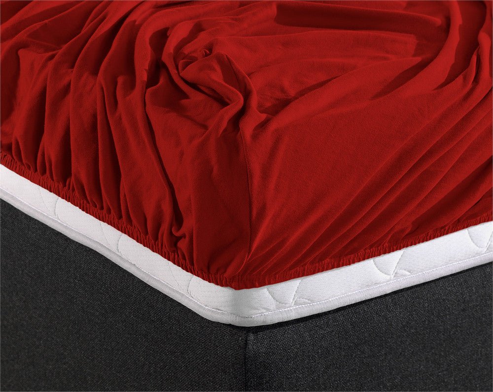 Double Jersey 220 GSM Soft Cotton Fitted Sheet | Red | Single 80/100 x 220cm (L) x 40cm (D) - The Bedding & Blankets Store