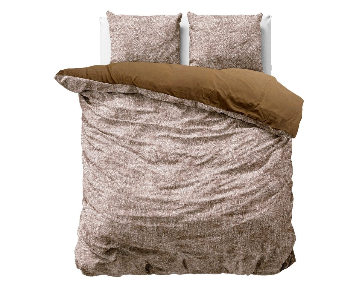 Printed Velvet & Cotton Duvet Cover Set Signature Aria | Brown | Double - 200cm (W) x 220cm (L) - The Bedding & Blankets Store