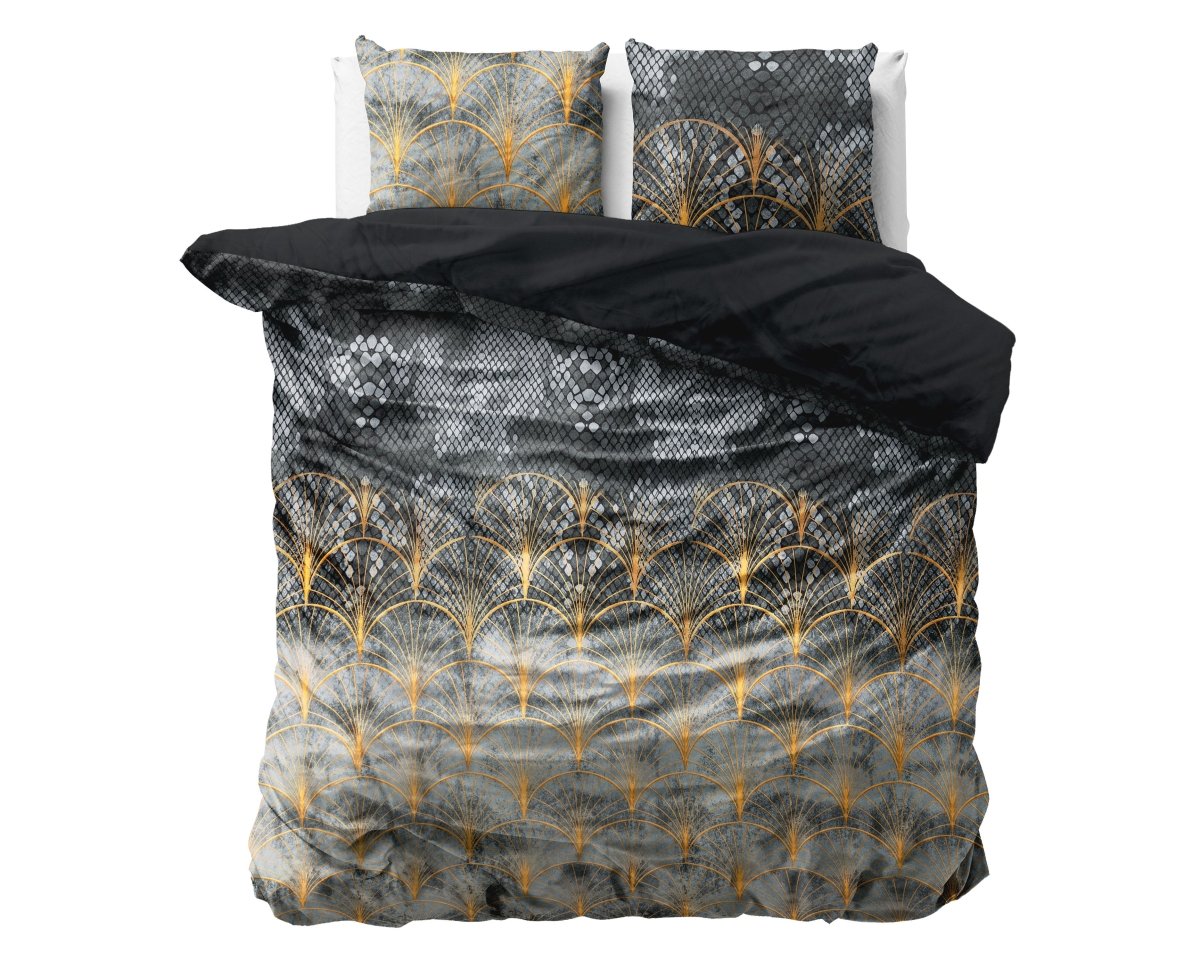 Printed Velvet & Cotton Duvet Cover Set Signature Mente | Grey | Double - 200cm (W) x 220cm (L) - The Bedding & Blankets Store