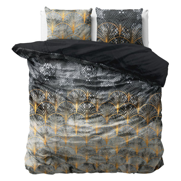 Printed Velvet & Cotton Duvet Cover Set Signature Mente | Grey | Double - 200cm (W) x 220cm (L) - The Bedding & Blankets Store