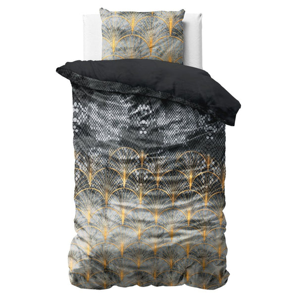 Printed Velvet & Cotton Duvet Cover Set Signature Mente | Grey | Single - 135cm (W) x 200cm (L) - The Bedding & Blankets Store