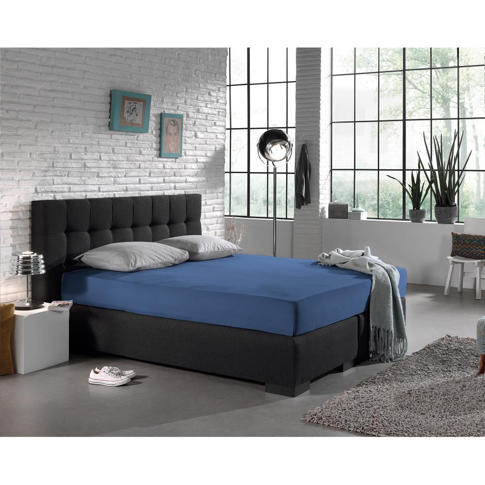 Single Jersey 135 GSM Soft Cotton Fitted Sheet | Blue | Single 80/100 x 200cm (L) x 30cm (D) - The Bedding & Blankets Store