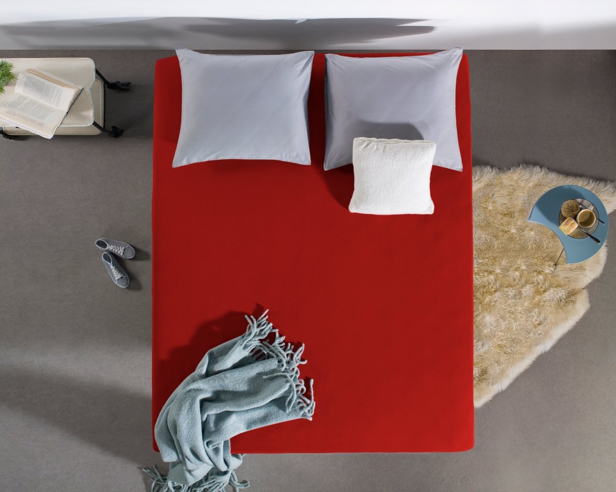 Single Jersey 135 GSM Soft Cotton Fitted Sheet | Red | Single 80/100 x 200cm (L) x 30cm (D) - The Bedding & Blankets Store