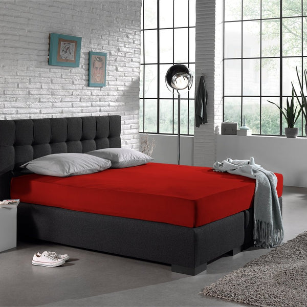 Single Jersey 135 GSM Soft Cotton Fitted Sheet | Red | Single 80/100 x 200cm (L) x 30cm (D) - The Bedding & Blankets Store