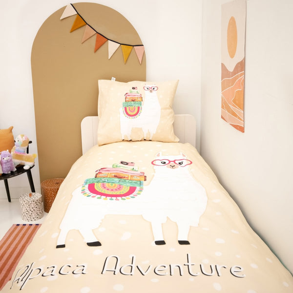 100% Cotton Duvet Cover Set Alpaca Adventure | Sand | Single - 135cm (W) x 200cm (L) - The Bedding & Blankets Store