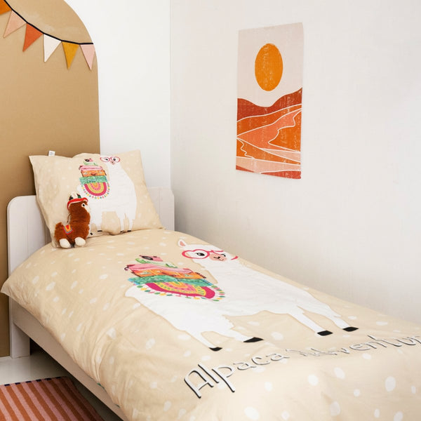 100% Cotton Duvet Cover Set Alpaca Adventure | Sand | Single - 135cm (W) x 200cm (L) - The Bedding & Blankets Store