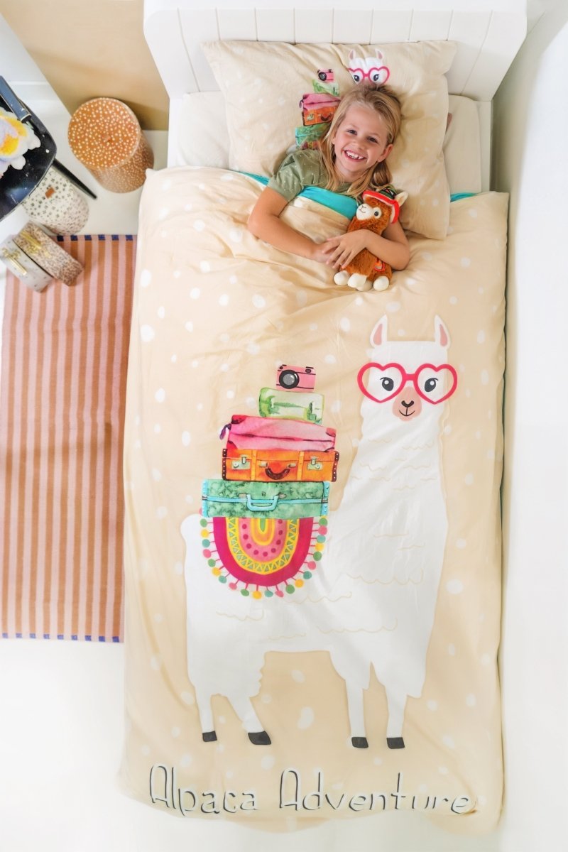 100% Cotton Duvet Cover Set Alpaca Adventure | Sand | Single - 135cm (W) x 200cm (L) - The Bedding & Blankets Store